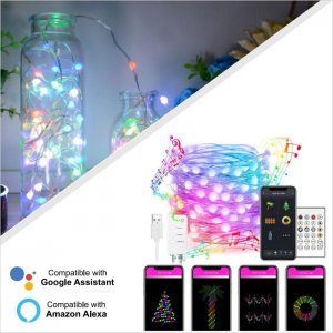 Outdoor/Indoor Christmas Copper Wire LED Fairy String Light, Color Changing - Alexa/Google Assistant Compatible WiFi Controller