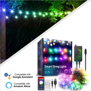Multi Color WiFi Smart Outdoor String Lights Set - Alexa/Google Assistant Compatible WiFi Controller